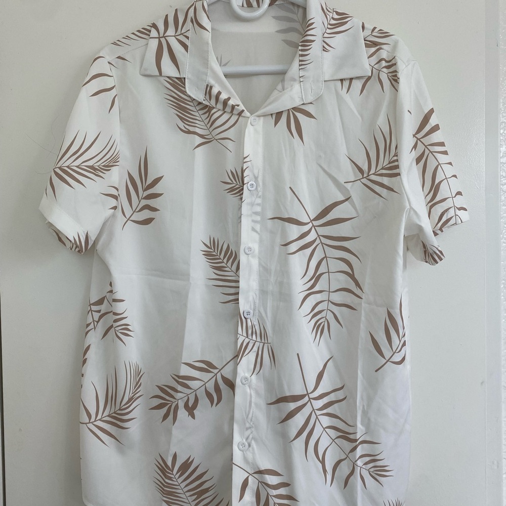 Men's White and Brown Leaf Print Shirt
